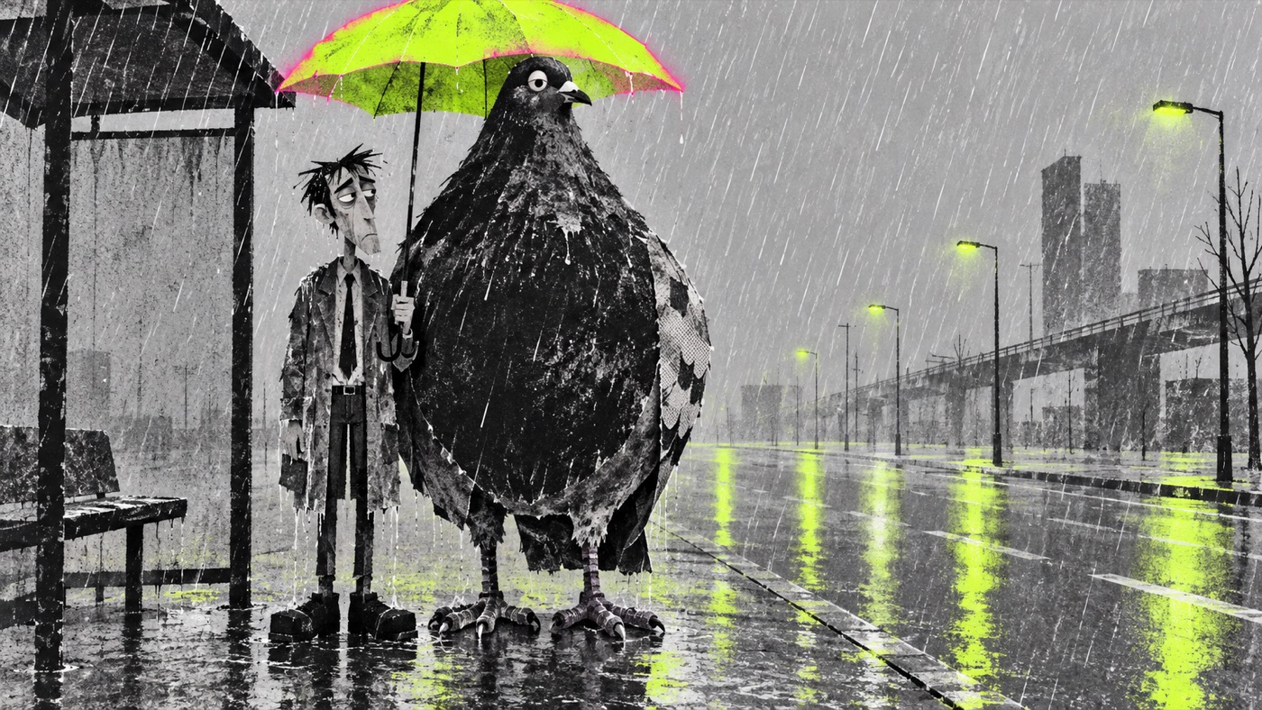 Rotoscoped noir-style illustration of a man and an oversized pigeon sharing an umbrella at a rain-soaked bus stop