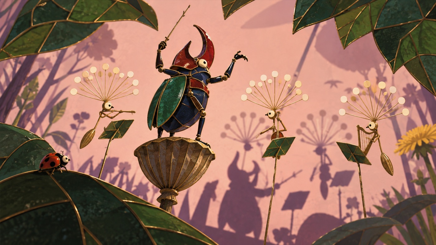 Stop-motion style illustration of an ornate stained-glass beetle conducting an insect orchestra among leaves